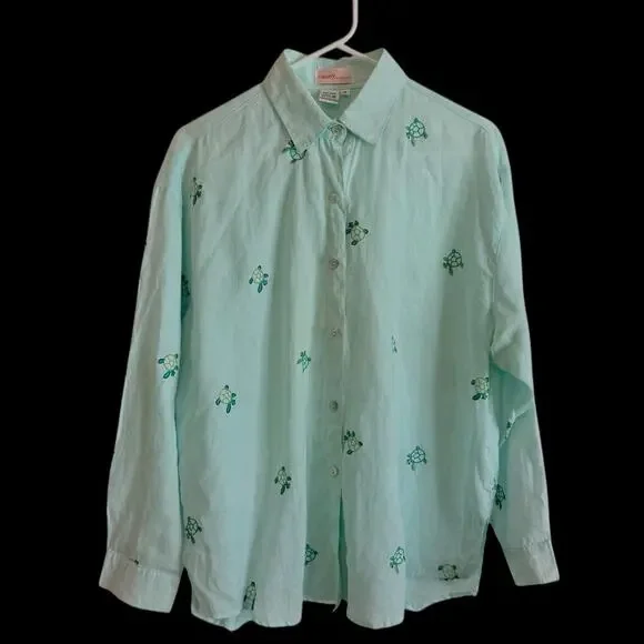 Casey Coleman Linen Shirt Womens Size Medium Embroidered Sea Turtles Resort - Picture 2 of 9